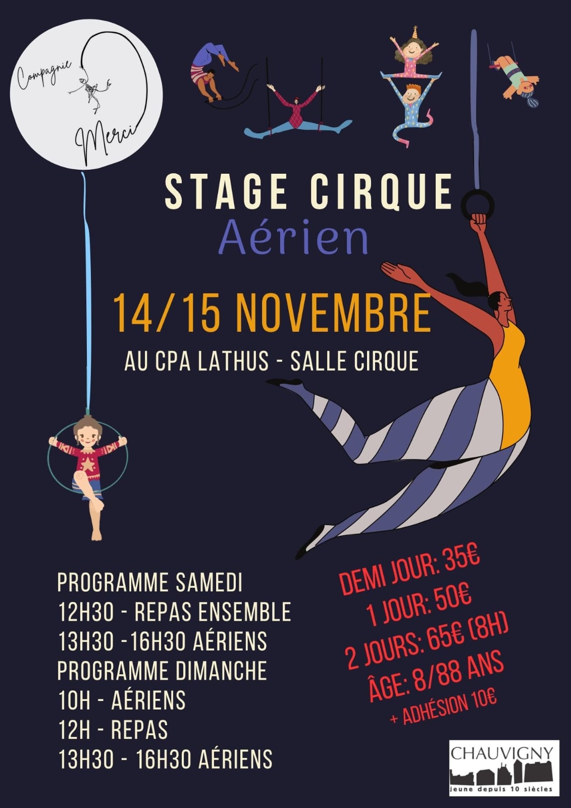 Affiche du Stage d'aérien Compagnie Merci – 14 et 15 novembre au CPA Lathus