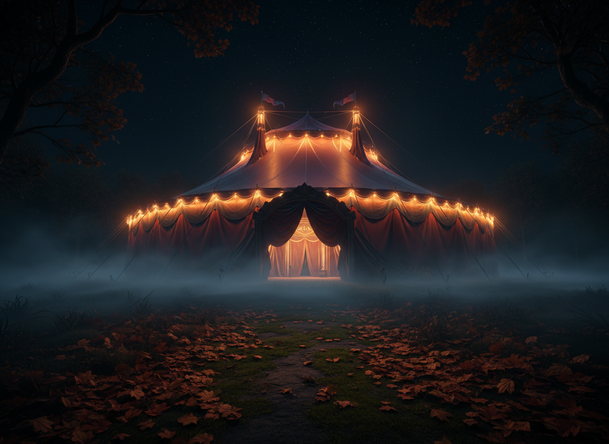Chapiteau illuminé de lumière cuivrée dans la nuit d'automne