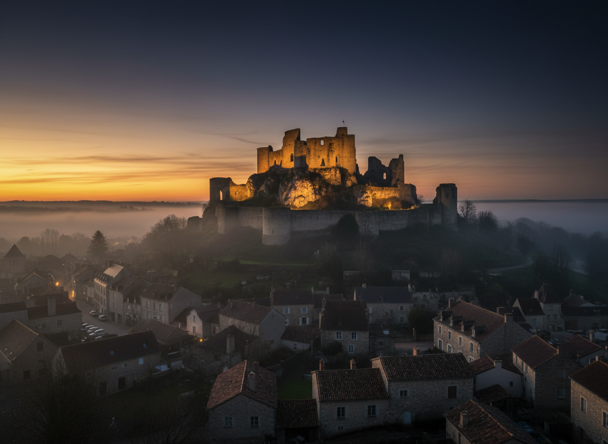 Paysage de Chauvigny au crépuscule avec ses châteaux médiévaux