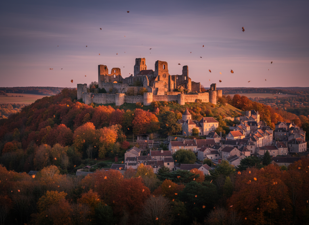 Paysage d'automne de Chauvigny au crépuscule avec la cité médiévale
