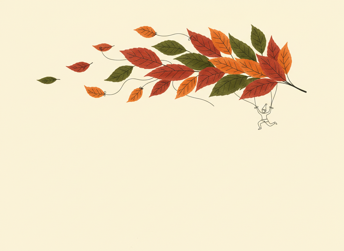 Feuilles d'automne emportées par un petit personnage en fil noir
