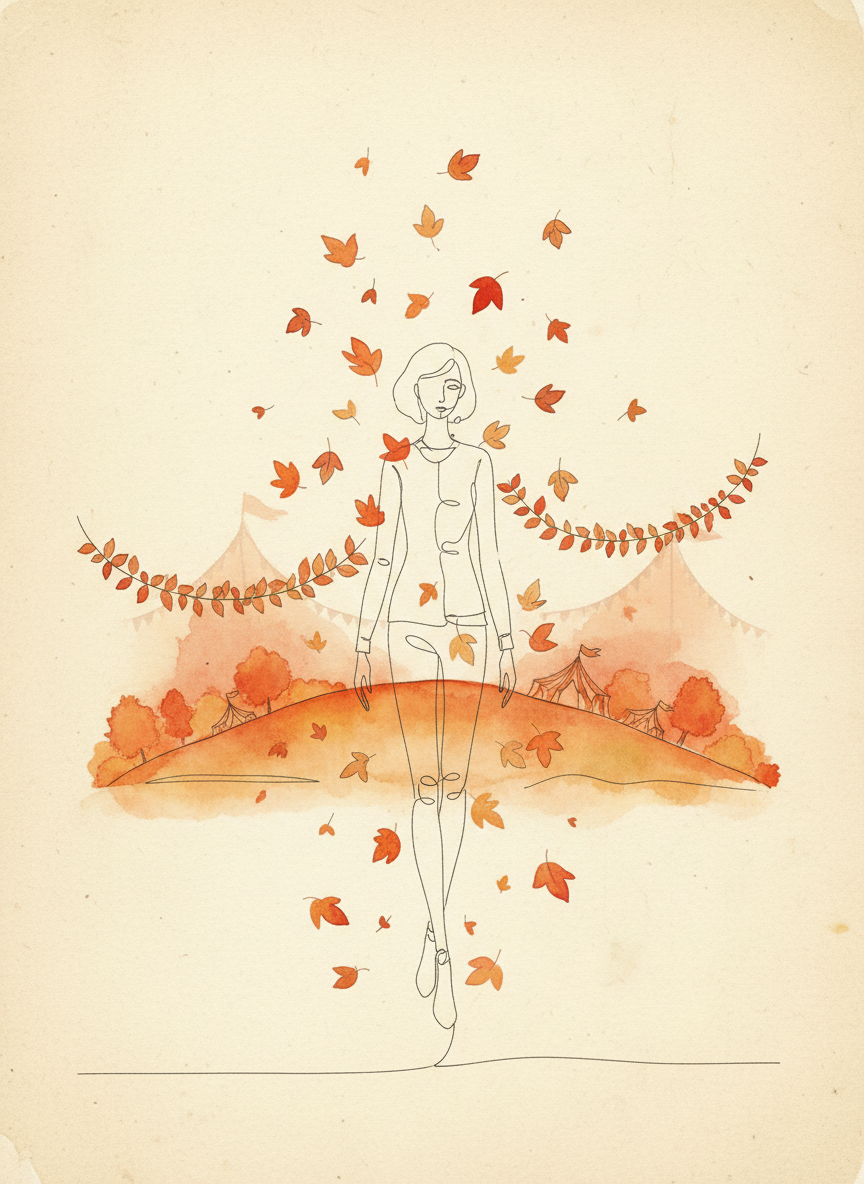 Illustration d'automne : un personnage dessiné en fil continu parmi des feuillages orange et rouges devant un paysage de collines
