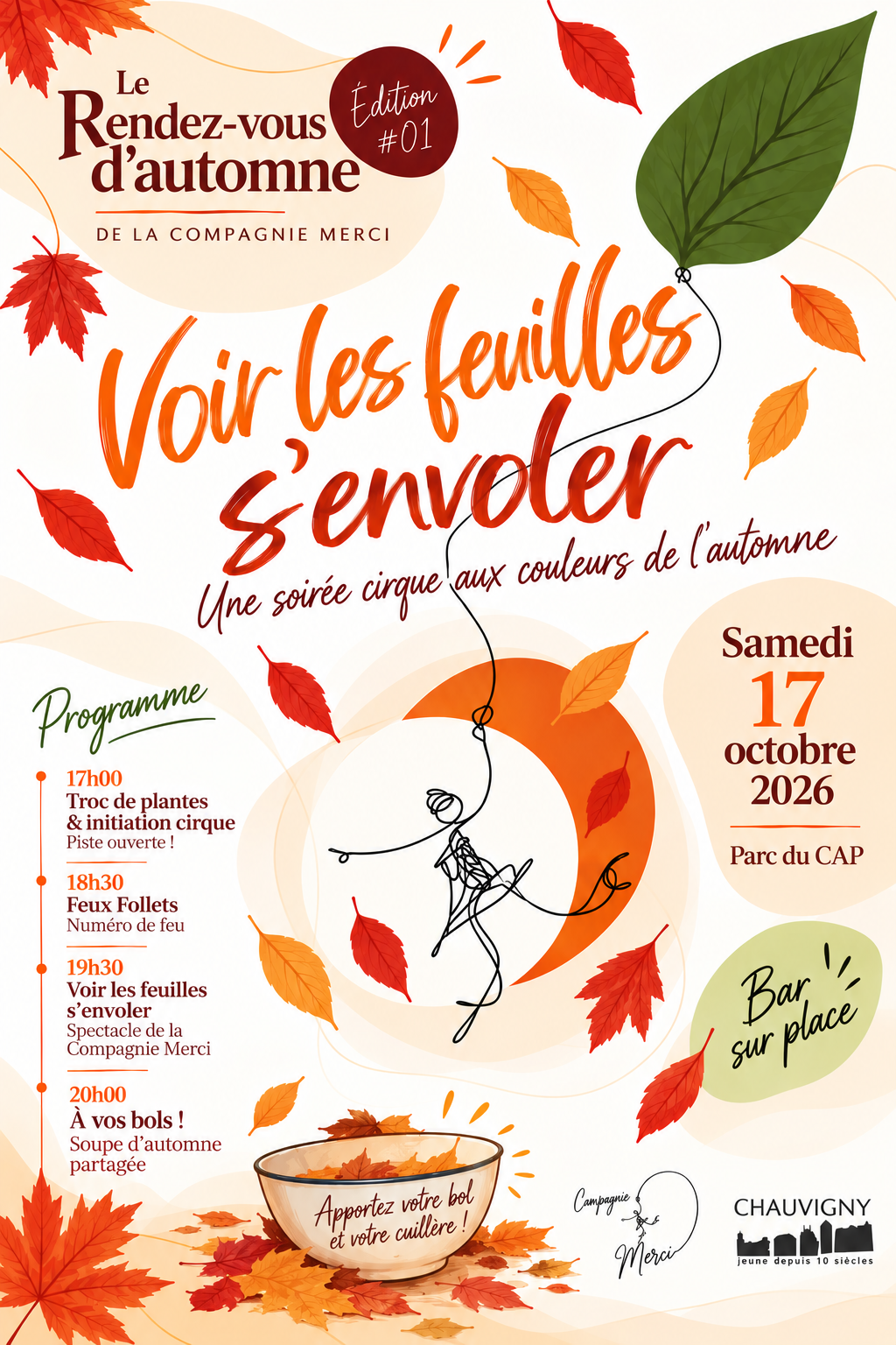 Affiche de l'édition #01 du Rendez-vous d'automne — Voir les feuilles s'envoler, une soirée cirque aux couleurs de l'automne, Samedi 17 octobre 2026, Parc du CAP, Chauvigny